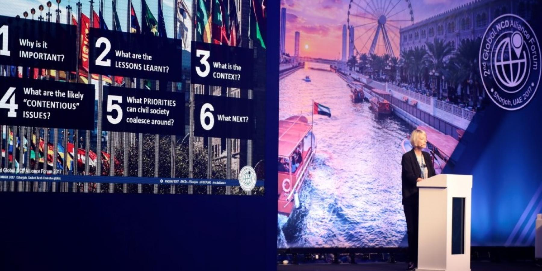NCD Alliance CEO Katie Dain speaks at the Second NCDA Global Forum in Sharjah, Dec. 2018