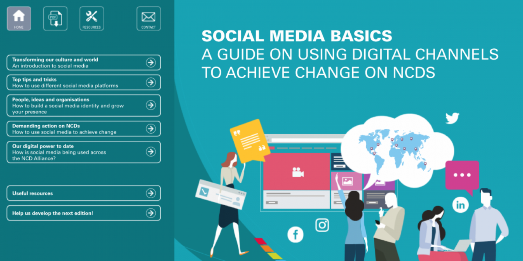 A graphic of the social media world - people surrounded by social media symbols and platforms