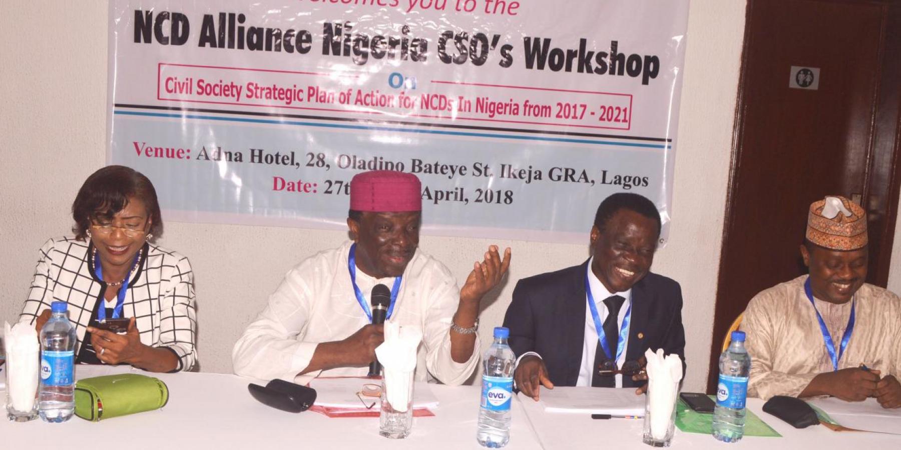 (L-R) Prof Ifeoma Okoye: Chairperson, 'Breast Without Spot' Initiative; Olorogun (Dr) Sonny F Kuku: President, NCD Alliance Nigeria; Dr Kingsley K Akinroye: Vice-Pres, NCDA Nigeria; Prof Sani Malami: Exec. Dir., NCDA Nigeria