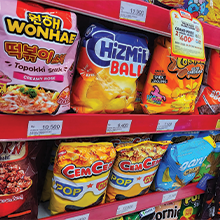 Products containing trans fats on the shelves of a supermarket